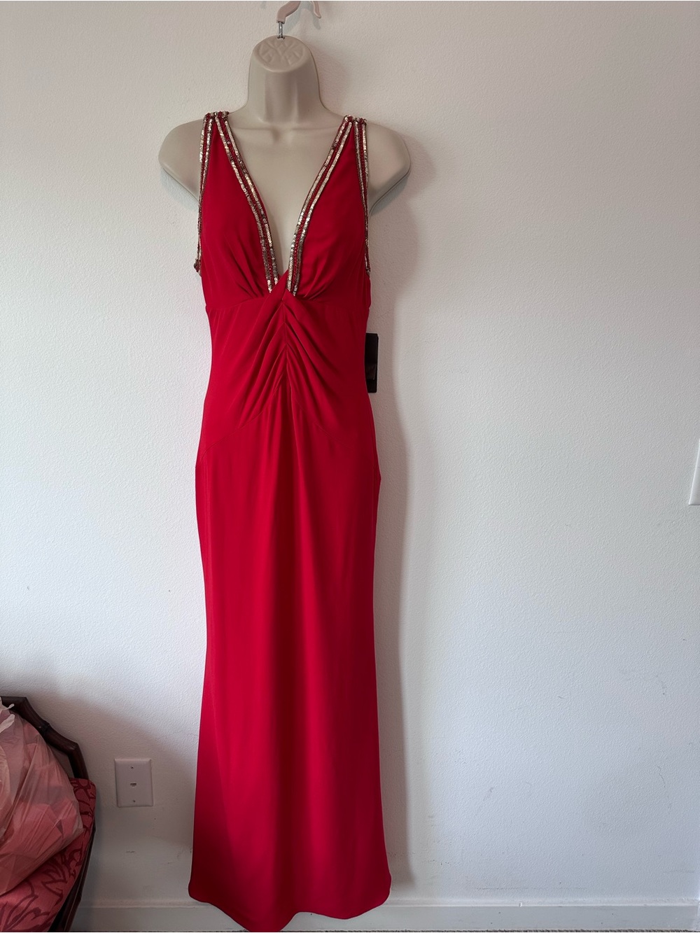 Roberto Cavalli Red Beaded Plunge Evening Gown